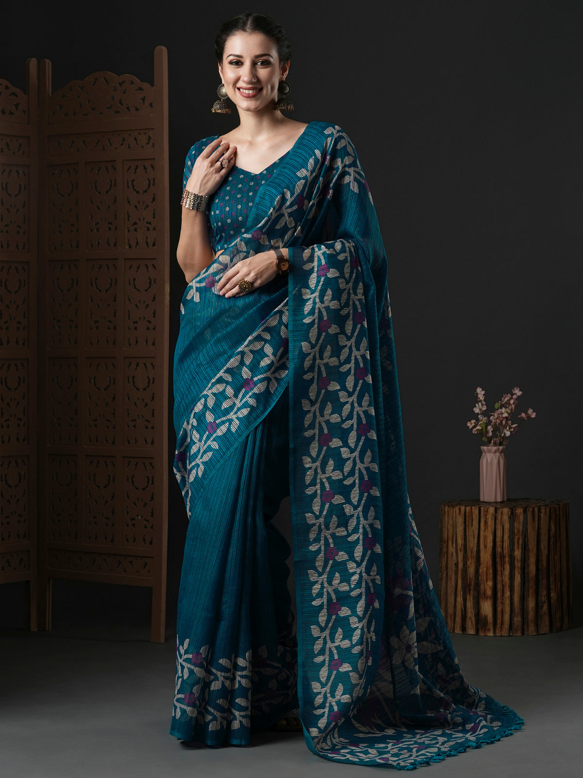 Ocean Blue Printed cotton Saree