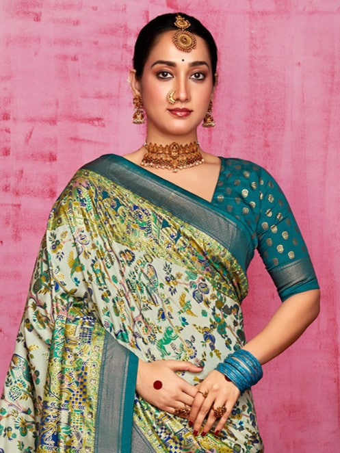 Ocean Green Tussar Silk Sungudi Saree