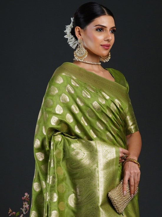 Olive Green Woven Banarasi Silk Saree