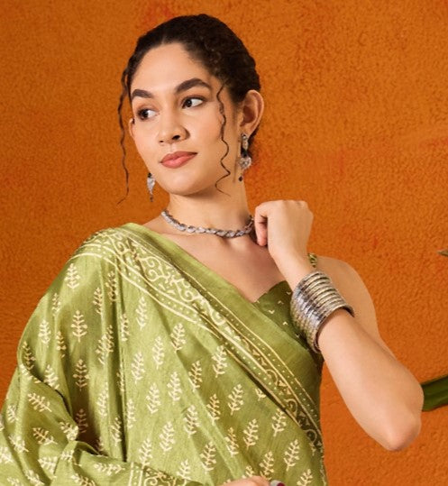 Olive Green Printed Bagh Cotton Saree