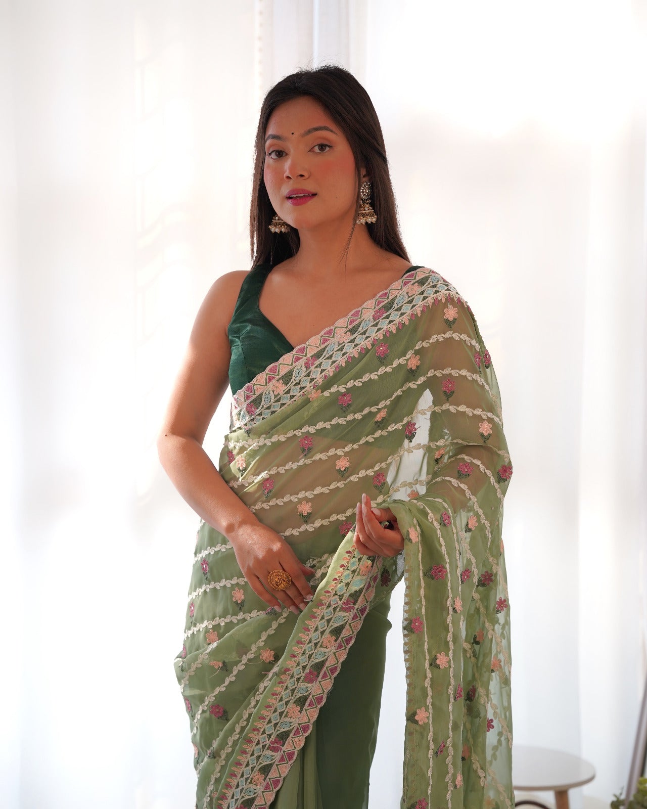 Olive Green Embroidered Net Saree