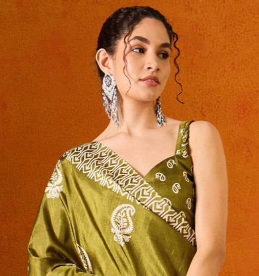 Olive Green Printed Bagru Cotton Saree