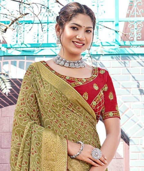 Olive Green Bandhani Georgette Saree
