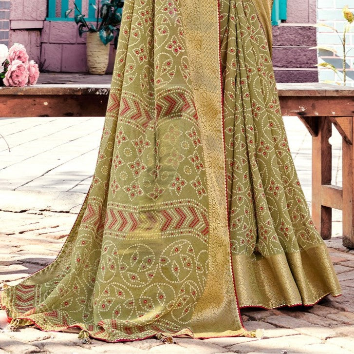 Olive Green Bandhani Georgette Saree