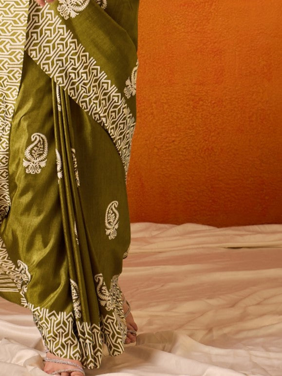 Olive Green Printed Bagru Cotton Saree
