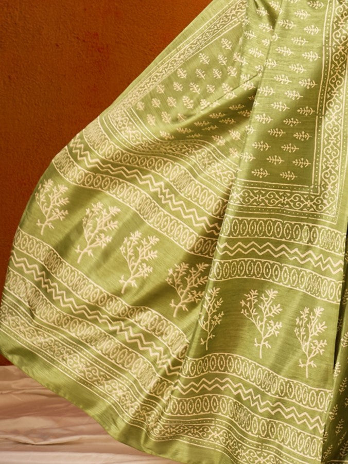 Olive Green Printed Bagh Cotton Saree