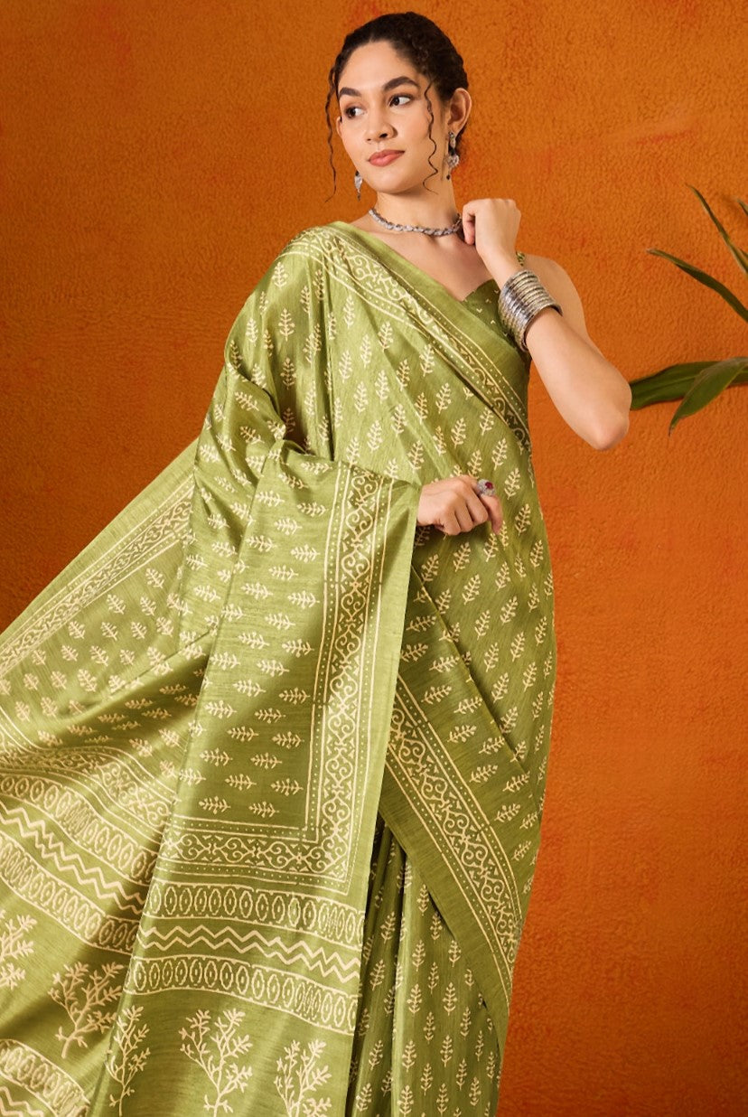 Olive Green Printed Bagh Cotton Saree