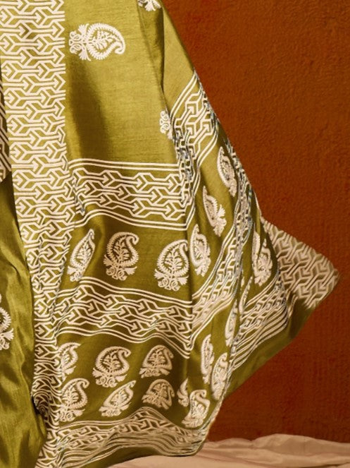 Olive Green Printed Bagru Cotton Saree
