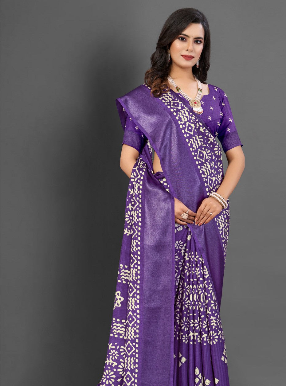 Orchid Violet Printed Dola Silk Saree