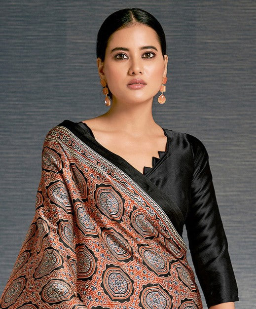 Orange & Black Ajrak Crepe Saree
