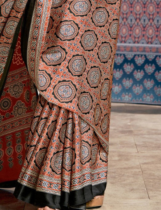 Orange & Black Ajrak Crepe Saree