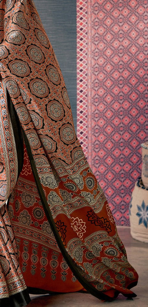 Orange & Black Ajrak Crepe Saree