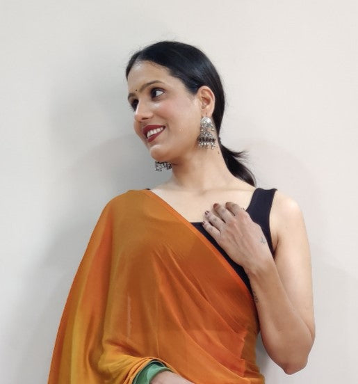 Orange & Green Printed Nylon Saree