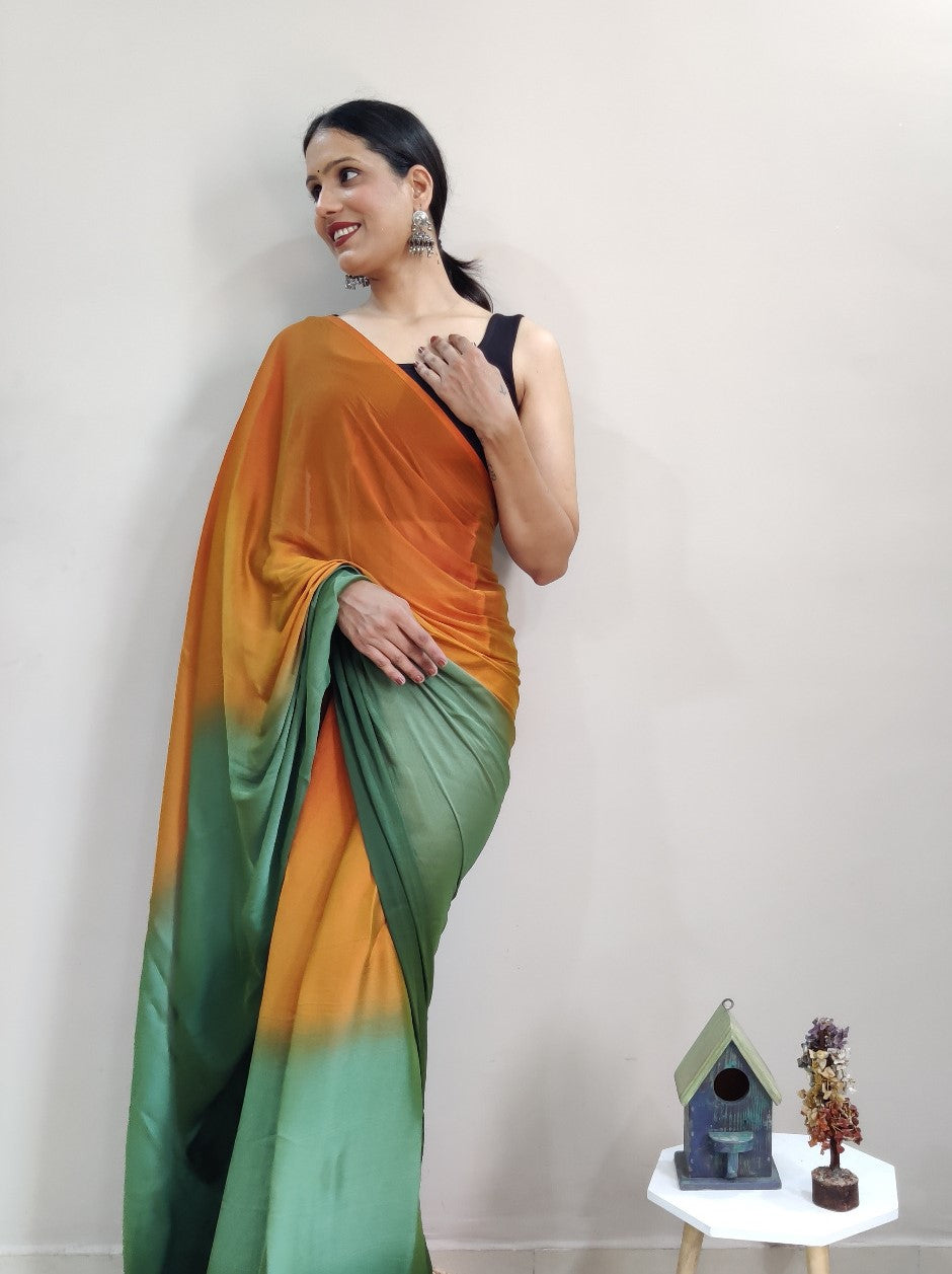 Orange & Green Printed Nylon Saree
