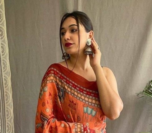 Papaya Orange Printed Cotton Linen Saree