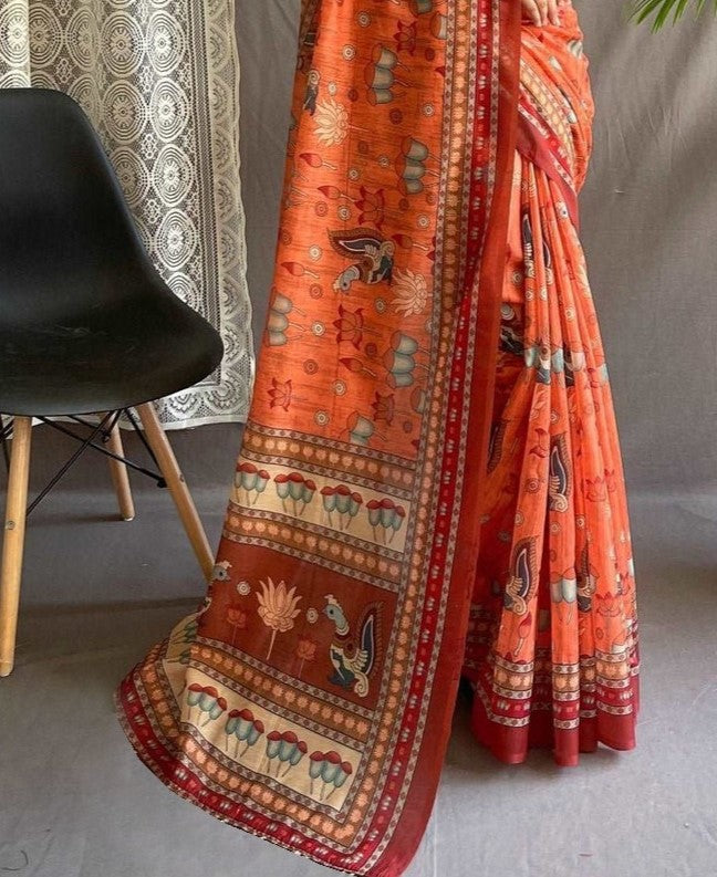 Papaya Orange Printed Cotton Linen Saree