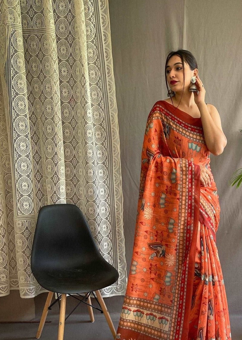 Papaya Orange Printed Cotton Linen Saree