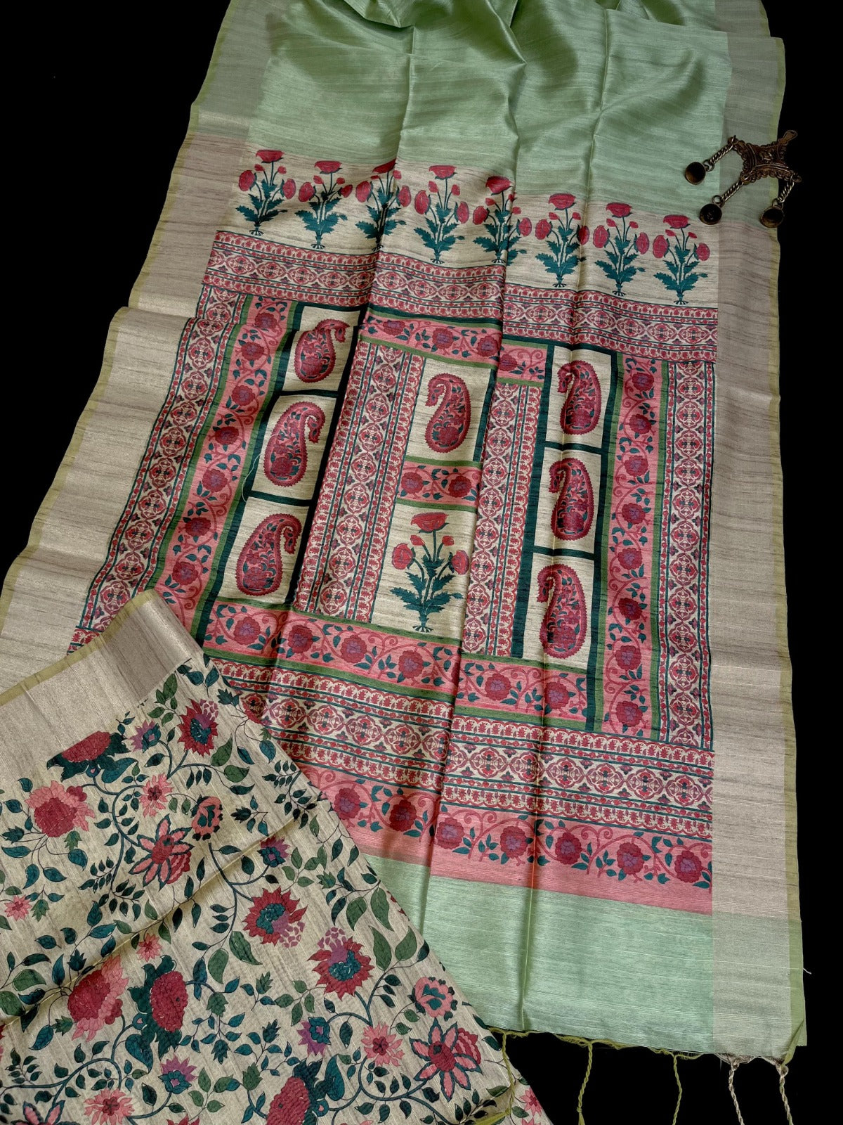 Parrot Green Premium Tussar Silk Saree