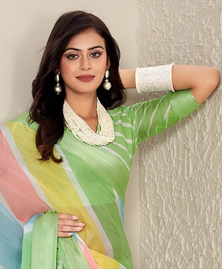 Parrot Green Printed Chiffon Leheriya Saree