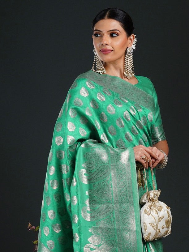 Parrot Green Woven Banarasi Silk Saree