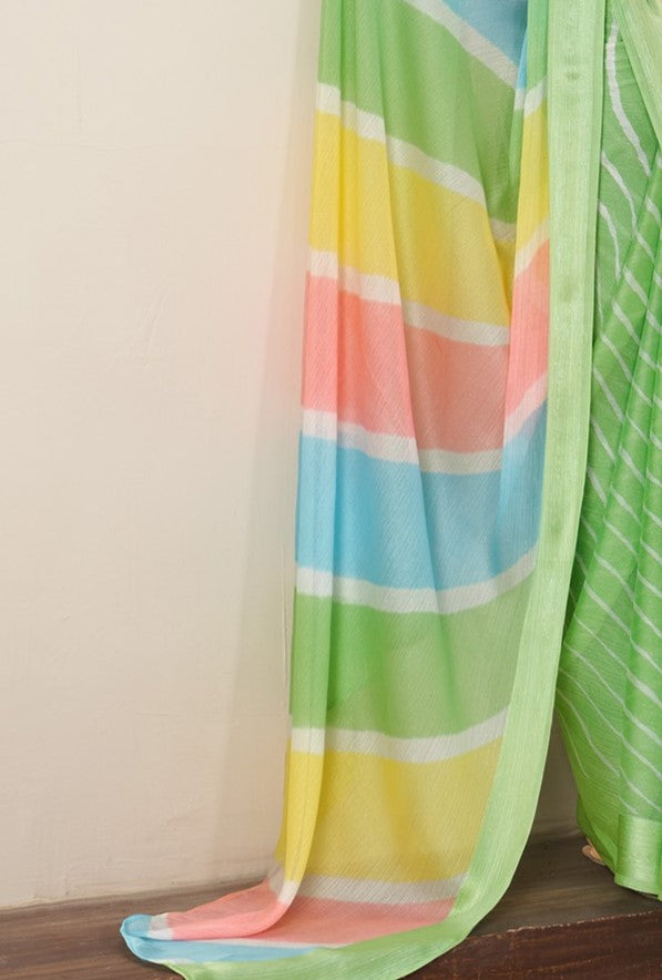 Parrot Green Printed Chiffon Leheriya Saree