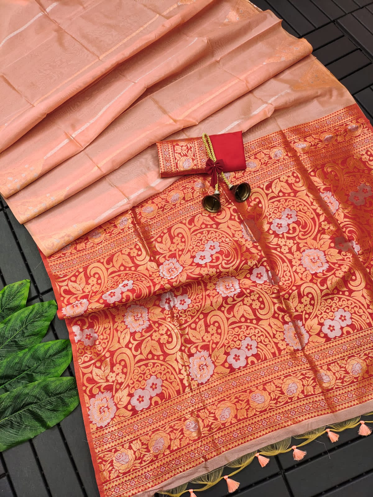 Peach Orange Tussar Silk Saree