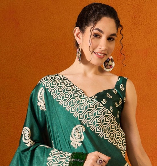 Peacock Green Printed Bagru Cotton Saree