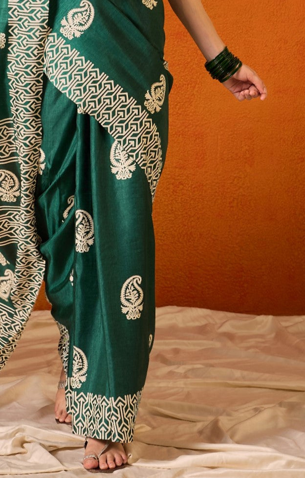 Peacock Green Printed Bagru Cotton Saree