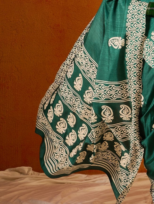 Peacock Green Printed Bagru Cotton Saree