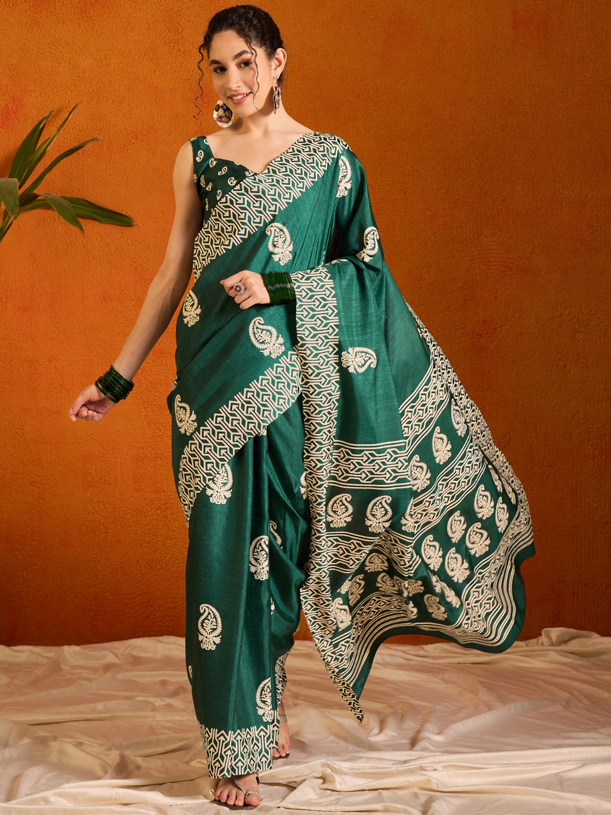 Peacock Green Printed Bagru Cotton Saree