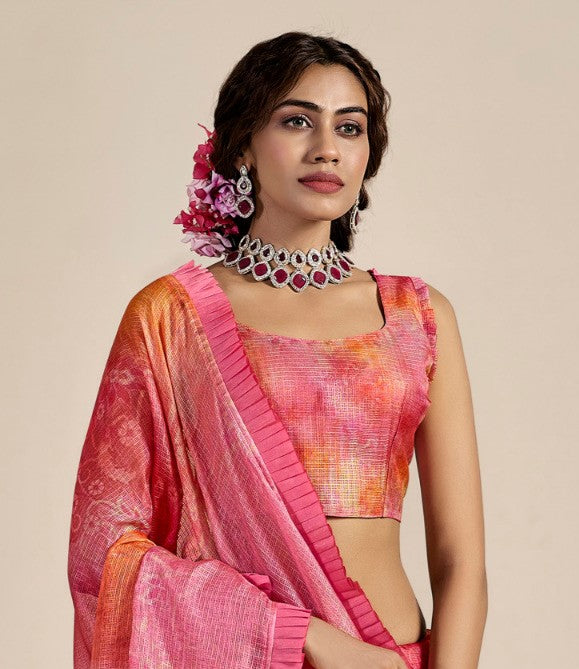 Pink & Orange Kota Cotton Saree