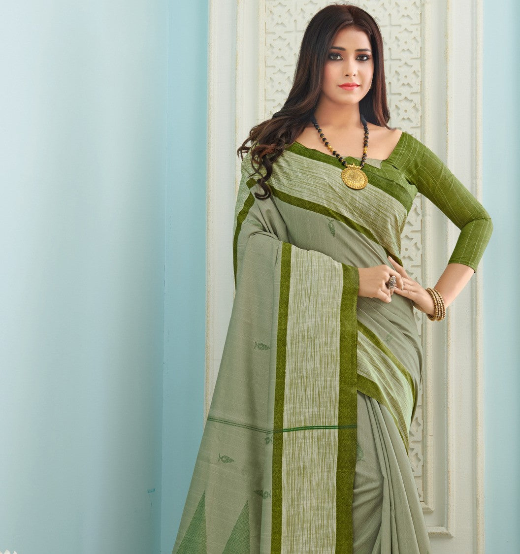 Pista Green Printed Bhagalpuri Silk Saree