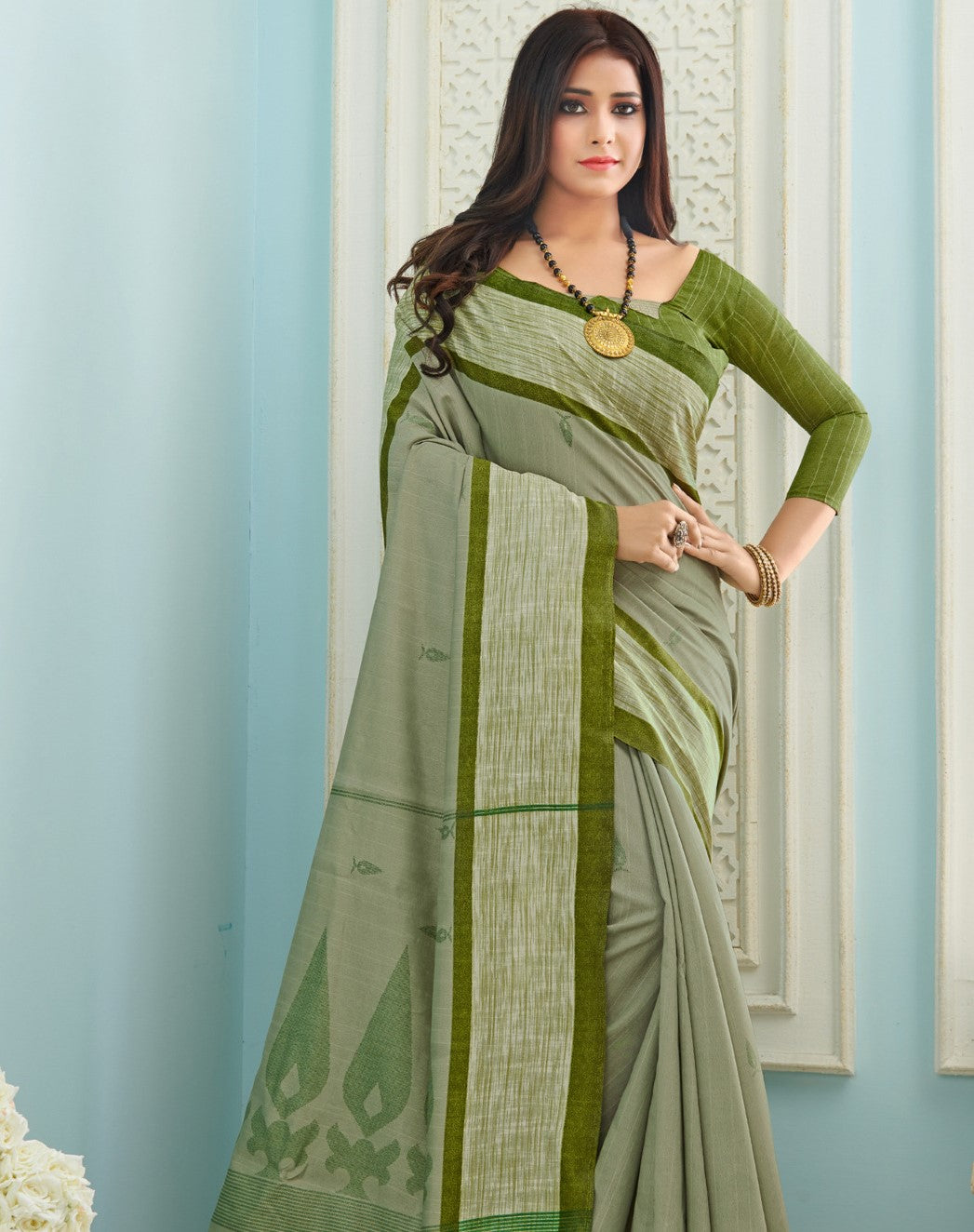 Pista Green Printed Bhagalpuri Silk Saree