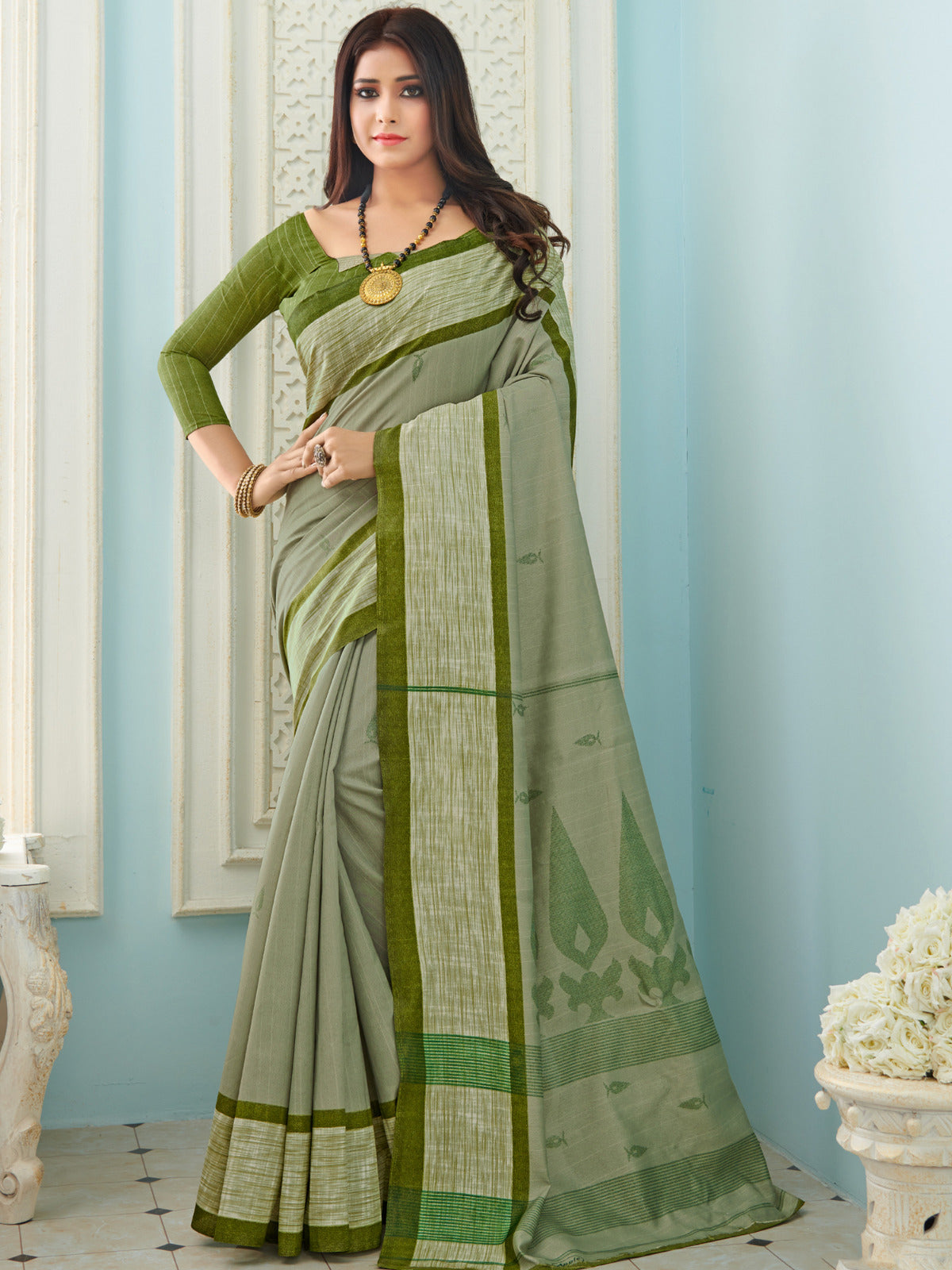 Pista Green Printed Bhagalpuri Silk Saree