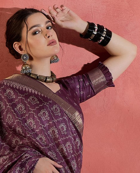 Plum Purple Printed Sungudi Silk Saree