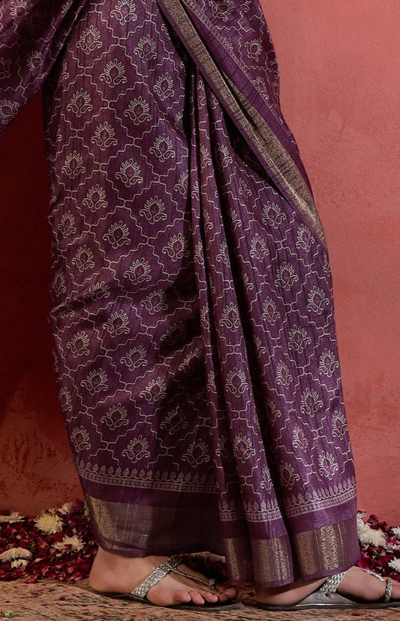 Plum Purple Printed Sungudi Silk Saree