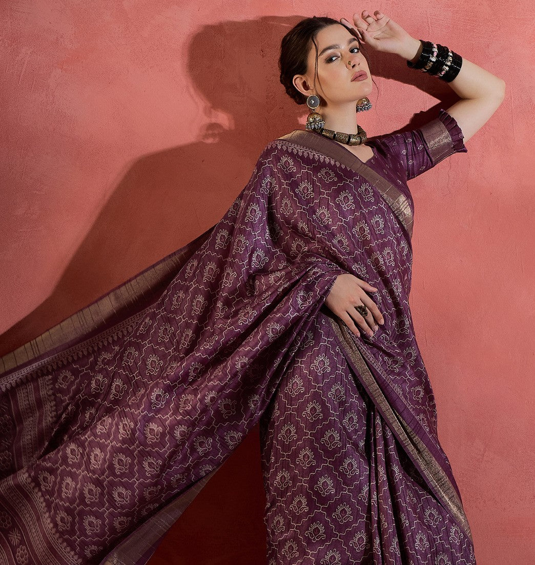 Plum Purple Printed Sungudi Silk Saree