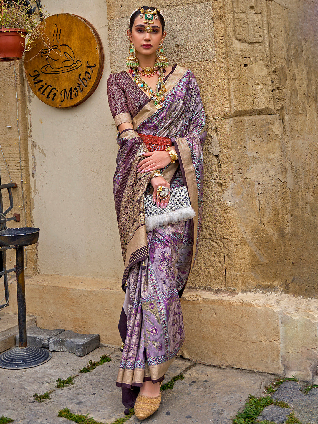 Plum Violet Woven Silk Saree