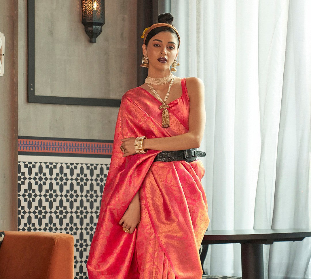 Punch Pink Woven Royal Kanjivaram Silk Saree