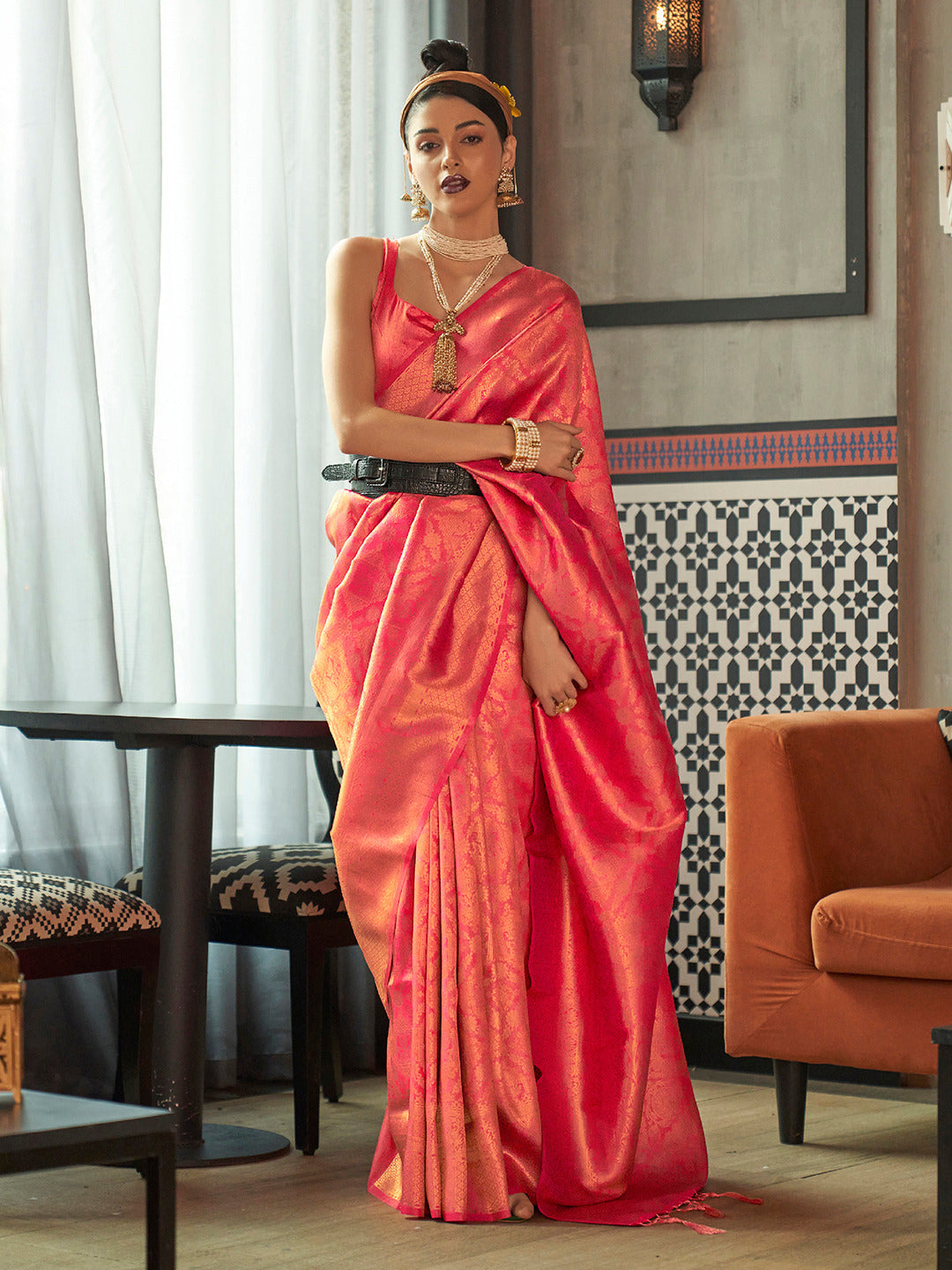 Punch Pink Woven Royal Kanjivaram Silk Saree