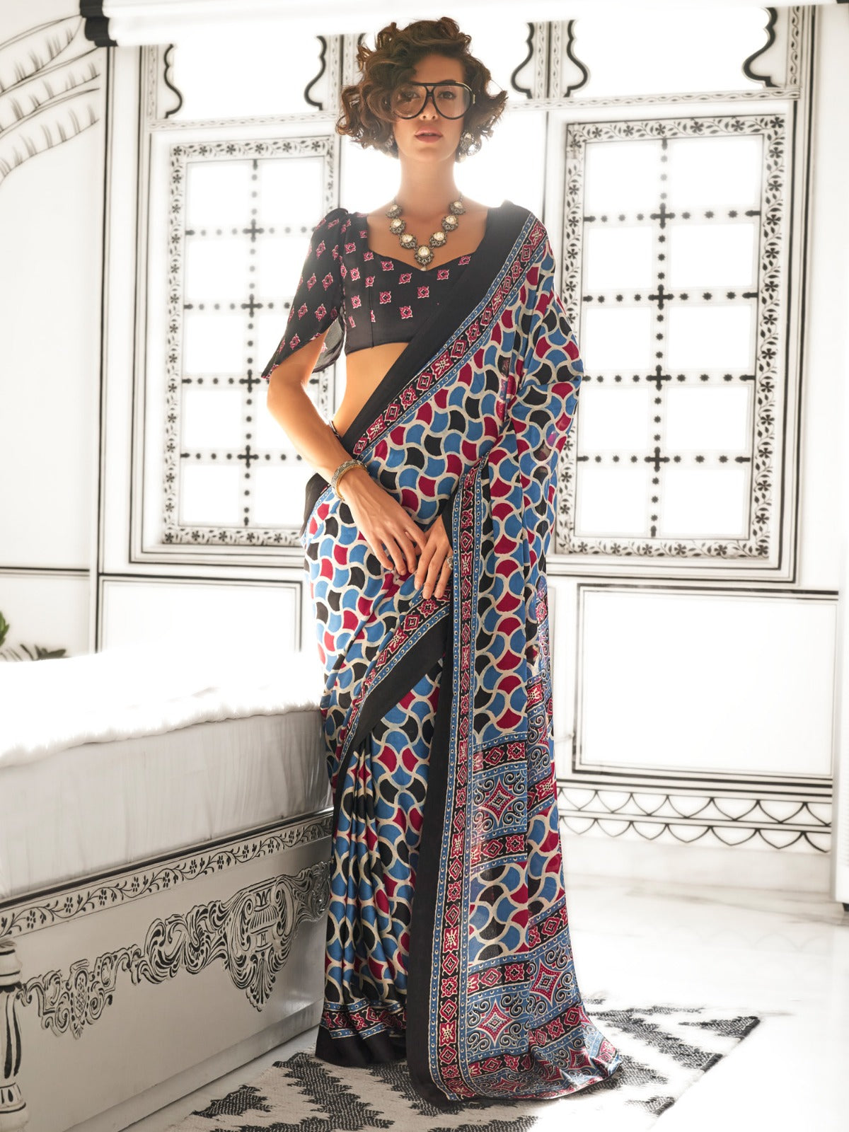 Red & Blue Printed Crepe Saree