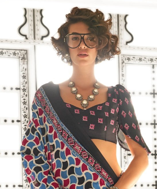 Red & Blue Printed Crepe Saree