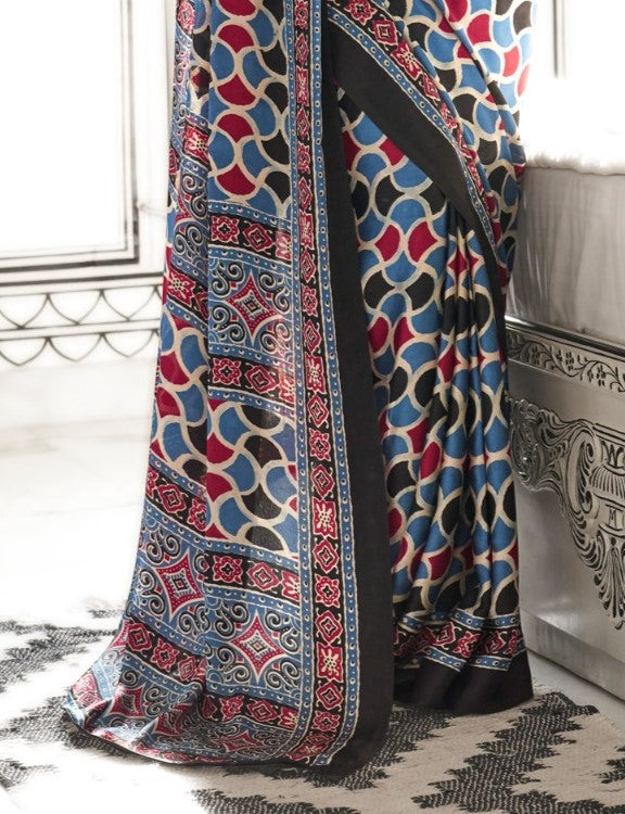 Red & Blue Printed Crepe Saree