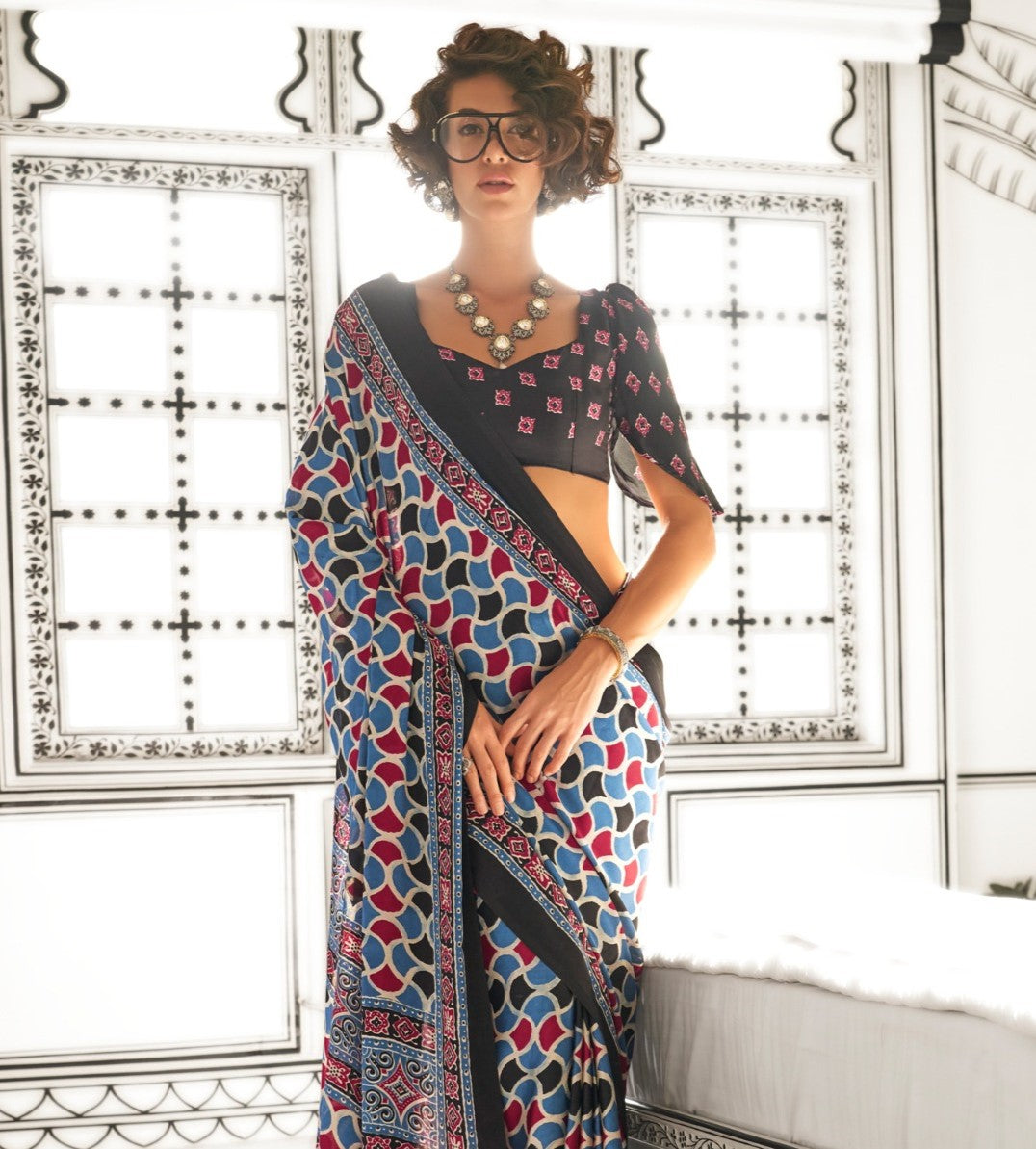 Red & Blue Printed Crepe Saree