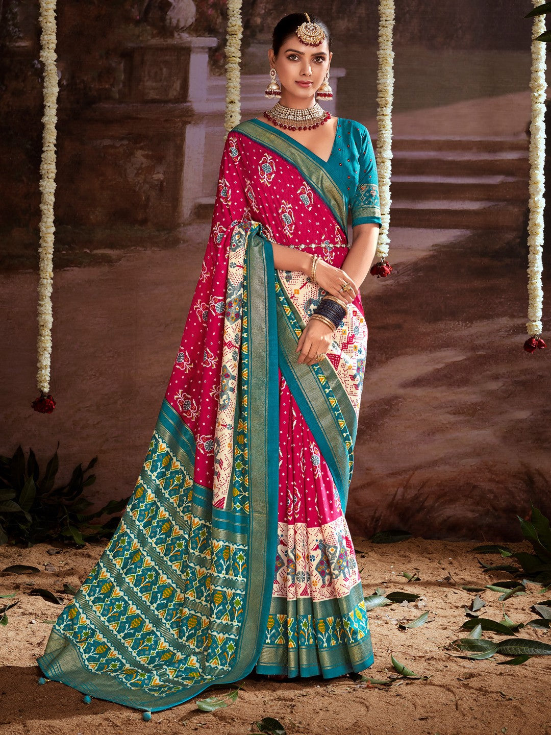 Red & Green Printed Tussar Silk Ikat Saree