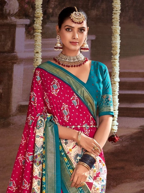 Red & Green Printed Tussar Silk Ikat Saree