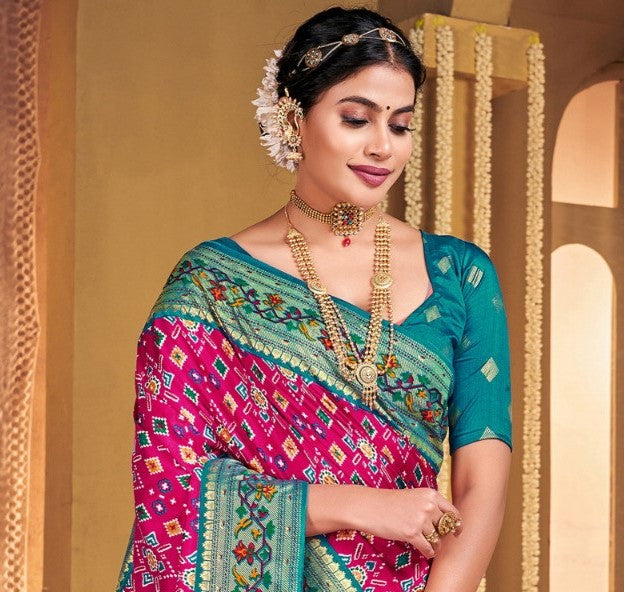 Rose Pink Woven Patola Silk Saree