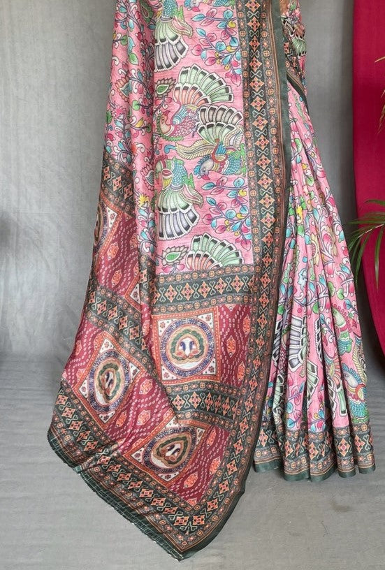 Rose Pink Printed Cotton Linen Saree