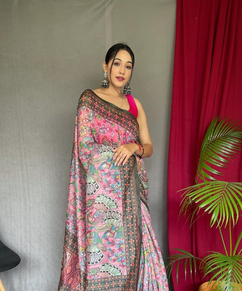 Rose Pink Printed Cotton Linen Saree