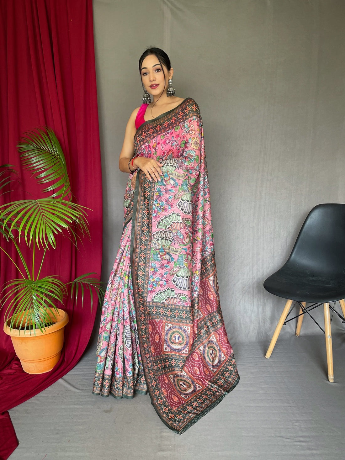 Rose Pink Printed Cotton Linen Saree